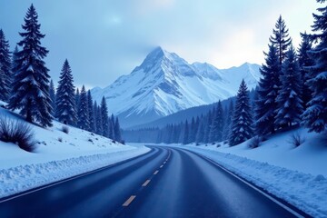 Serene Winter Road Winding Through a Snowy Mountain Landscape with Evergreen Trees