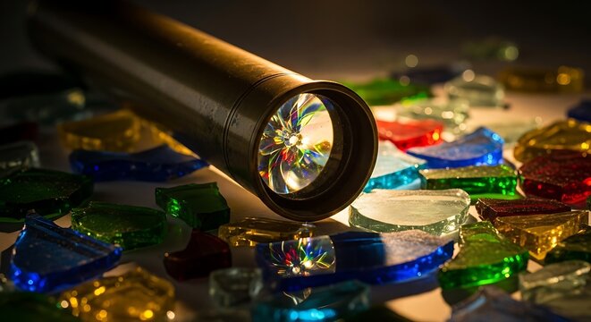 Close up of a kaleidoscope tube resting on colorful glass gems.