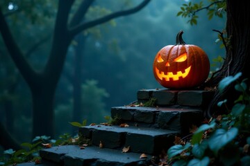 Enchanted autumn evening scene featuring a glowing jack-o'-lantern perched atop stone steps, nestled within a mystical forest setting