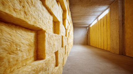 Yellow mineral wool insulation blocks stacked in industrial corridor with concrete floor and soft warm light