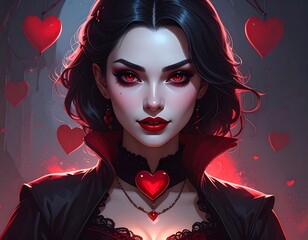 Gothic Vampire Lady with Red Hearts, Celebrating Valentine's Day, Artistic Illustration