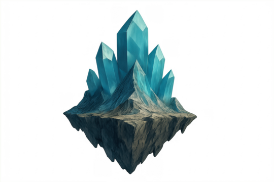 Floating island with blue crystal structures growing