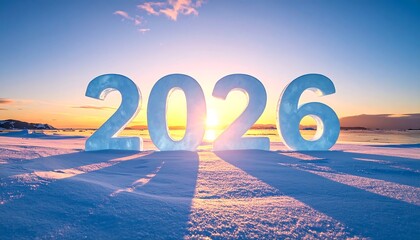 Ice-carved 2026 numerals on snowy arctic landscape at sunrise