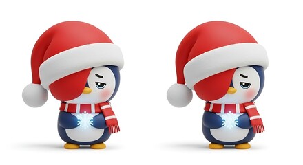 Fototapeta premium Cartoon penguins wearing santa hats holding glowing objects