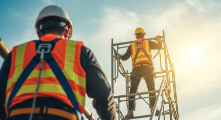 Construction worker wearing safety harness and hard hat working on scaffolding against blue sky with sunlight flare