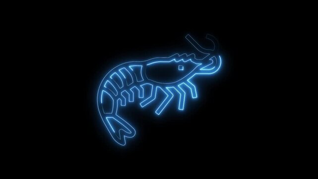 Illuminated neon shrimp silhouette with glowing blue light outline on a black background