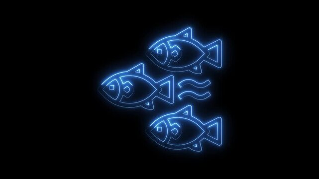 Abstract animation of three fish swimming with water waves illuminated in neon blue light