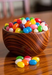 Assorted color jelly beans in a wooden bowl, delectable confectionery