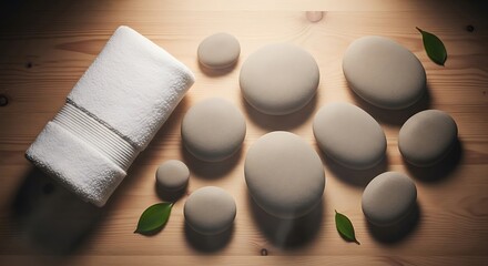 White folded towel and smooth beige spa stones on wooden surface with green leaves wellness relaxation