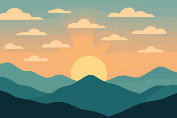 Landscape scattered flat rising vector through layered mountain illustration breaking sunrise minimalism