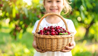 Smiling child holds a basket full of ripe, red cherries