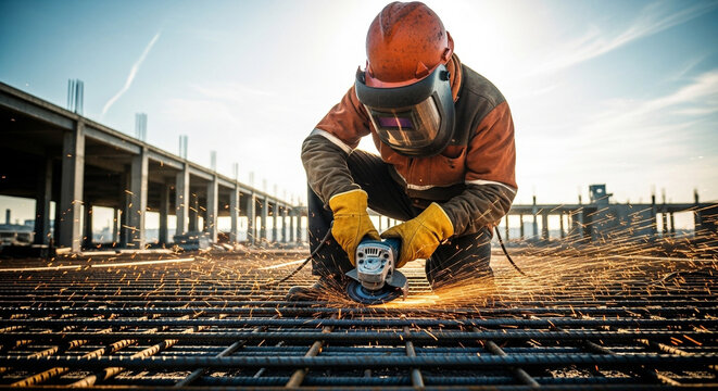 Construction worker cutting steel with angle grinder on construction site with sparks flying all around him
