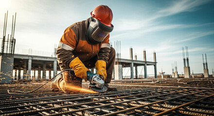 Construction worker cutting steel with angle grinder on construction site with sparks flying all around him