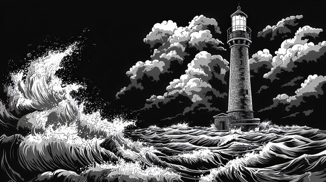Black and White Lighthouse with Crashing Waves