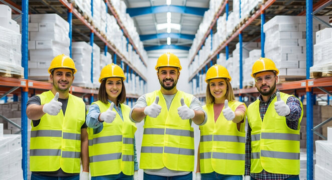 Cheerful warehouse workers in yellow vests and hardhats giving thumbs up and posing in front of shelves