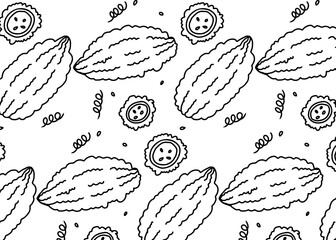 Seamless pattern of bitter melons and cross-sections with seeds, hand-drawn in black outline on a white background.
