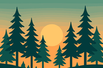 Obraz premium Fir vector forest trees minimalist gradient sun sunrise rising tall silhouette illustration