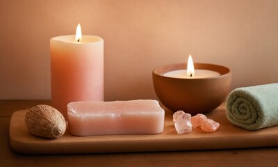 Create a calming spa ambiance with lit candles, aromatic soap, bath salts, and soft towel for ultimate relaxation and wellness promotion