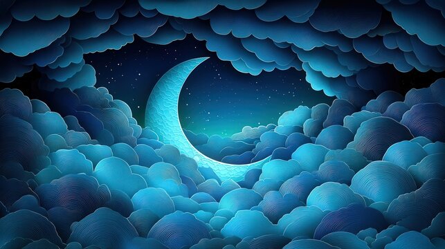 Crescent Moon in Swirling Blue Clouds