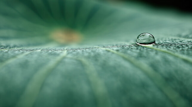 moisture. A single water droplet rolling across a large green lotus leaf. gardening catalogs, home-decor guides, designed for home decor and floral branding, enhances decor appeal.