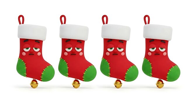 Christmas stockings with cartoon faces isolated on white