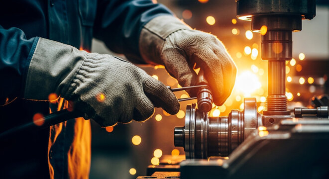 Closeup of metalworker using lathe to shape metal part, sparks flying as he works with precision and expertise on machine