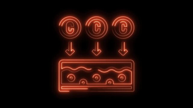 Neon glowing copyright symbol flowing into a platform data transfer concept on black background