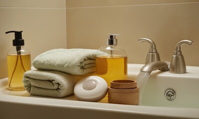 Luxurious spa experience with essential oils, soft towels, and flowing water in a modern bathroom setting for ultimate relaxation and self-care.