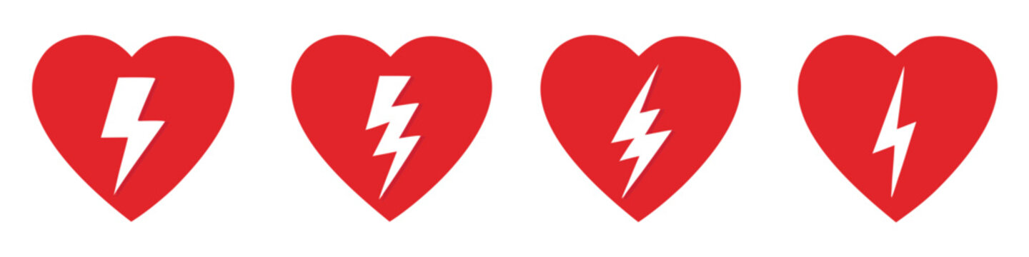 AED icon, automated external defibrillator, aed sign with heart and electricity symbol flat vector icon. 
