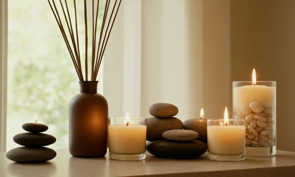 Tranquil spa scene with stacked stones, lit candles, and aromatherapy diffuser creating a serene, calming atmosphere for relaxation and wellness.
