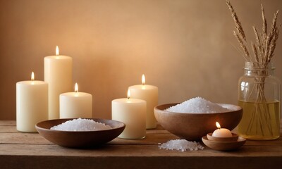 Experience ultimate relaxation with serene candlelight and therapeutic bath salts, perfect for spa retreats and wellness branding.