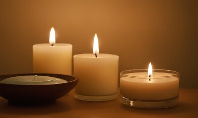 Serene ambiance with warm, flickering candlelight creating a peaceful and relaxing atmosphere for spa and wellness.