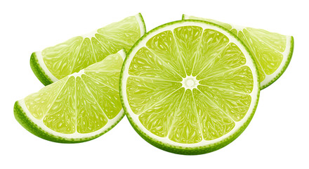Sliced Lime and Lime Wedges on a Black Background Keywords: lime, citrus, fruit, green, slice, wedge, juicy, fresh, sour, ingredient, food, drink