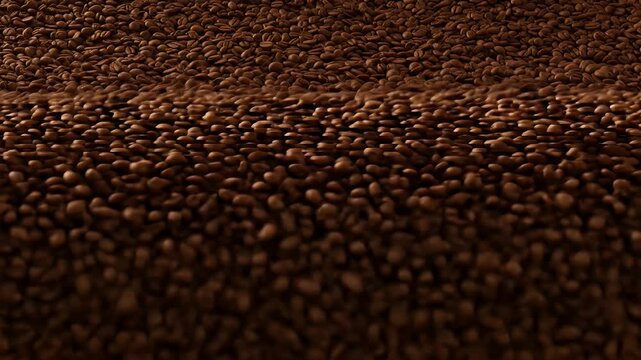 Roasted coffee beans fill the frame with a rich brown color, showcasing the texture and detail of the aromatic, flavorful coffee grounds, arranged in an overhead view.