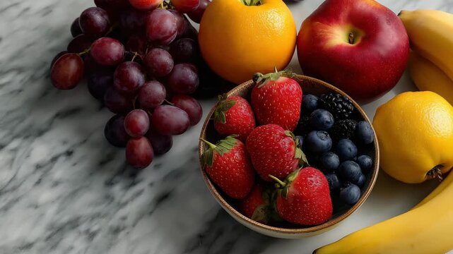 A vibrant assortment of fresh fruits arranged on a table, celebrating nature's bounty and the health benefits of varied diets enriched with colorful, nutritious foods.
