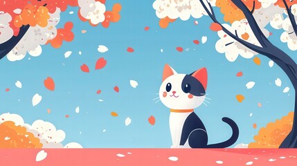 Fototapeta premium Cute Cartoon Cat with Floating Cherry Blossoms