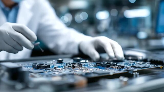 Indian data scientist&rsquo;s gloved hands adjusting quantum computing chips in a cleanroom, futuristic tech innovation, sterile circuit handling, sustainable digital advancement, precision quantum