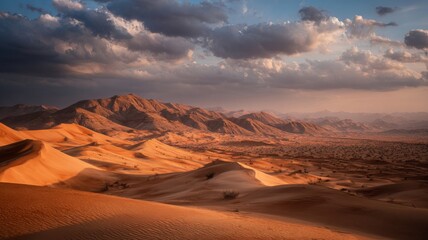 Naklejka premium Golden sand dunes at sunset in the wahiba sands desert with dramatic clouds in the sky, scenic landscape of oman in the middle east, arid desert terrain with rolling dunes and warm sunlight