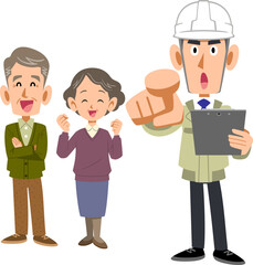 シニア夫婦と作業着の男性
