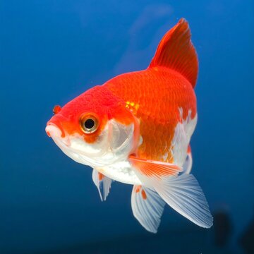 Orange and white fancy goldfish in blue water
