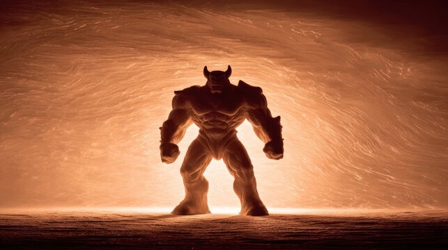 Silhouette of a muscular horned demon like figure against an abstract backdrop