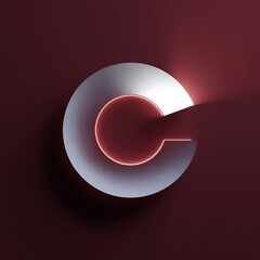 Abstract metallic C-shape with glowing red neon light on dark crimson background