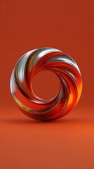 Abstract 3D rendering of a shiny metallic twisted torus with a vibrant color gradient on an orange background