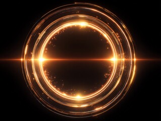 Abstract glowing orange and golden concentric circles with light trails, sparkling particles, and a central light beam on a dark background.