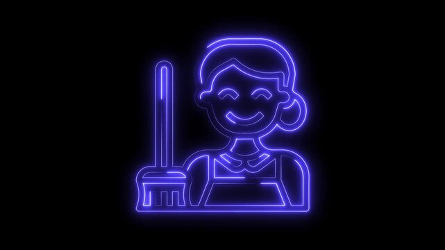 Animated woman cleaning services neon icon animation on black background video