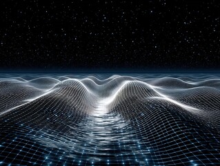 Abstract digital landscape with glowing grid waves and reflective surface under a dark starry sky