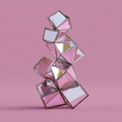 Abstract Stack of Transparent Pink Geometric Cubes with Metallic Frames on Pink Background