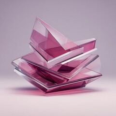 Abstract modern geometric composition of transparent pink glass shapes stacked creating a dynamic design element.