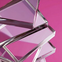 Modern Abstract Composition of Clear Transparent Glass Geometric Blocks on a Bright Pink Background