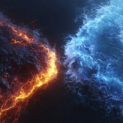 Fiery Lava Cracks and Turbulent Blue Water Waves Clash Abstract Background
